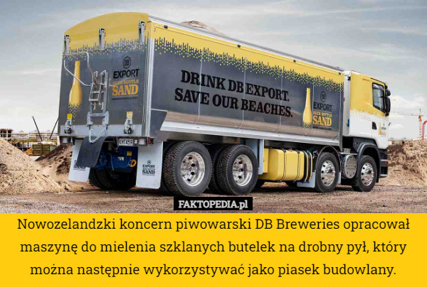 Nowozelandzki koncern piwowarski DB Breweries opracował maszynę do mielenia szklanych butelek na drobny pył, który można następnie wykorzystywać jako piasek budowlany. 