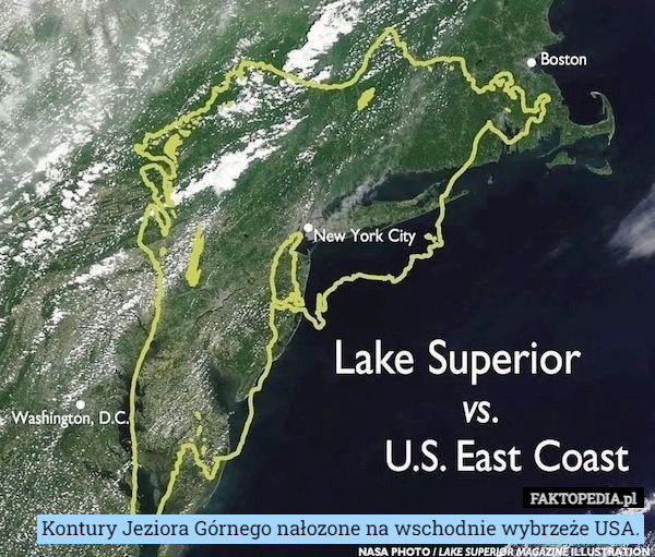 Kontury Jeziora Górnego nałozone na wschodnie wybrzeże USA. 