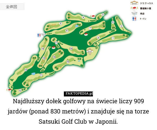 Najdłuższy dołek golfowy na świecie liczy 909 jardów (ponad 830 metrów) i znajduje się na torze Satsuki Golf Club w Japonii. 