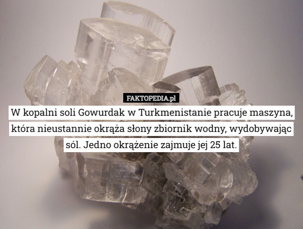 W kopalni soli Gowurdak w Turkmenistanie pracuje maszyna, która nieustannie okrąża słony zbiornik wodny, wydobywając sól. Jedno okrążenie zajmuje jej 25 lat. 
