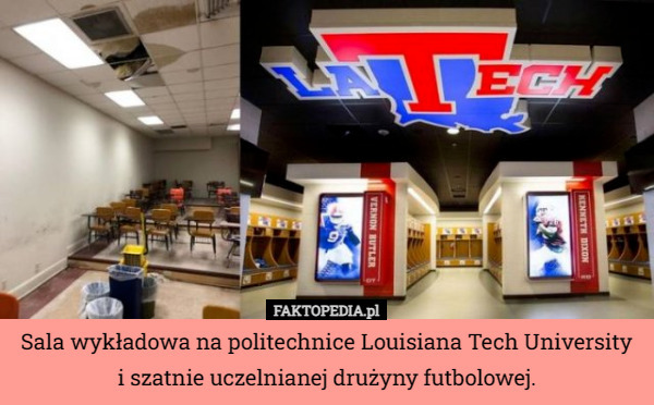 Sala wykładowa na politechnice Louisiana Tech University i szatnie uczelnianej drużyny futbolowej. 