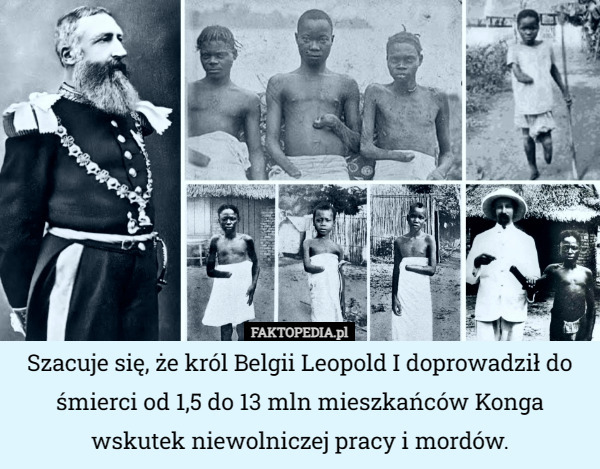 Szacuje się, że król Belgii Leopold I doprowadził do śmierci od 1,5 do 13 mln mieszkańców Konga wskutek niewolniczej pracy i mordów. 