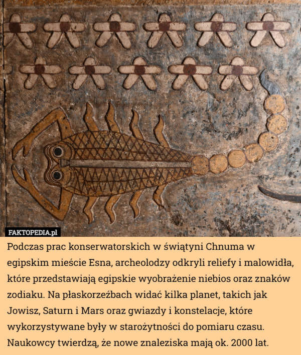 Podczas prac konserwatorskich w świątyni Chnuma w egipskim mieście Esna, archeolodzy odkryli reliefy i malowidła, które przedstawiają egipskie wyobrażenie niebios oraz znaków zodiaku. Na płaskorzeźbach widać kilka planet, takich jak Jowisz, Saturn i Mars oraz gwiazdy i konstelacje, które wykorzystywane były w starożytności do pomiaru czasu. Naukowcy twierdzą, że nowe znaleziska mają ok. 2000 lat. 