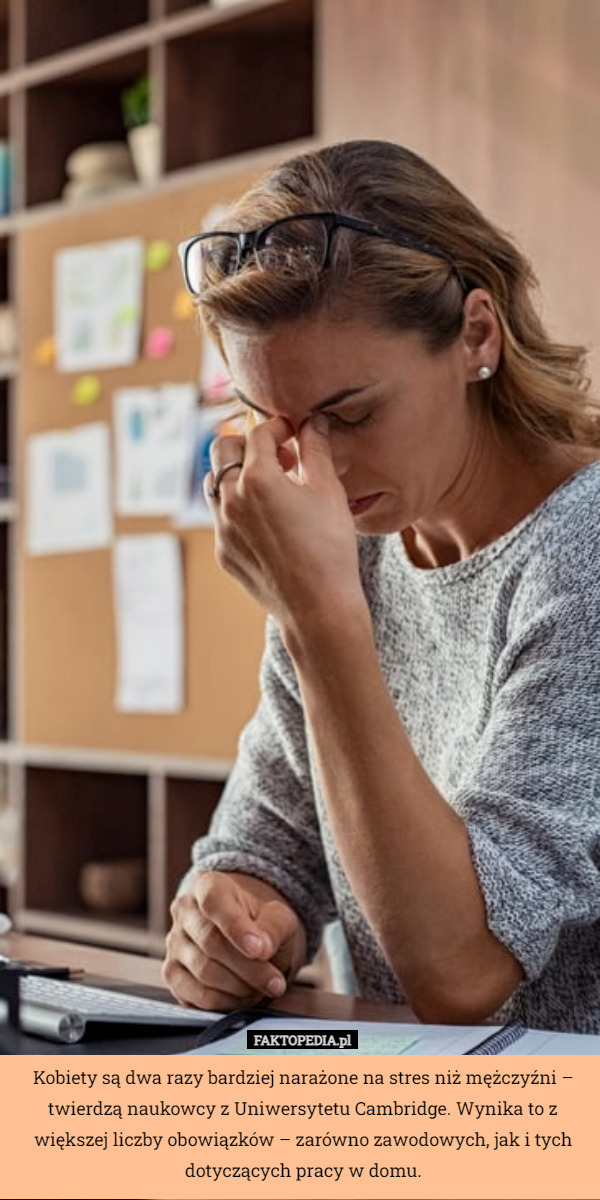 Kobiety są dwa razy bardziej narażone na stres niż mężczyźni – twierdzą naukowcy z Uniwersytetu Cambridge. Wynika to z większej liczby obowiązków – zarówno zawodowych, jak i tych dotyczących pracy w domu. 