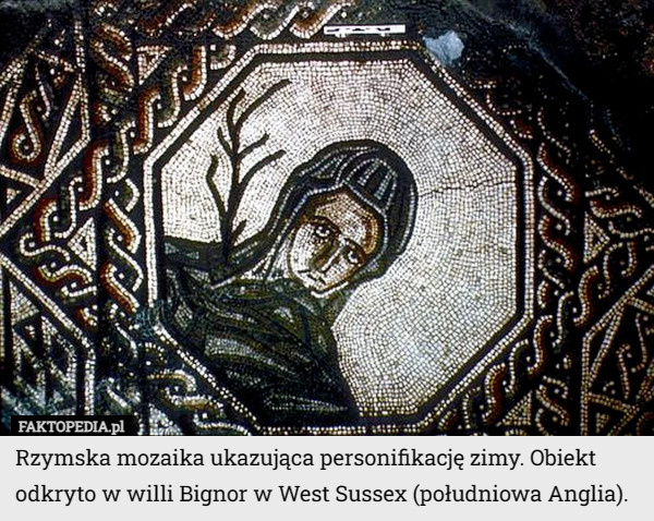 Rzymska mozaika ukazująca personifikację zimy. Obiekt odkryto w willi Bignor w West Sussex (południowa Anglia). 