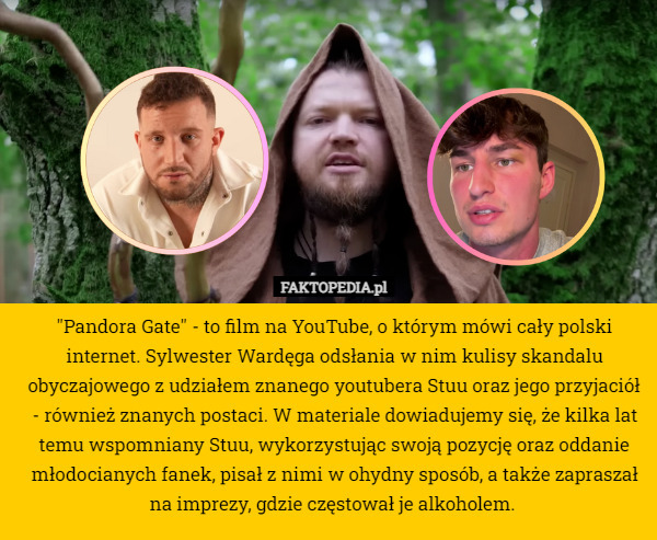 "Pandora Gate" - to film na YouTube, o którym mówi cały polski internet. Sylwester Wardęga odsłania w nim kulisy skandalu obyczajowego z udziałem znanego youtubera Stuu oraz jego przyjaciół - również znanych postaci. W materiale dowiadujemy się, że kilka lat temu wspomniany Stuu, wykorzystując swoją pozycję oraz oddanie młodocianych fanek, pisał z nimi w ohydny sposób, a także zapraszał na imprezy, gdzie częstował je alkoholem. 