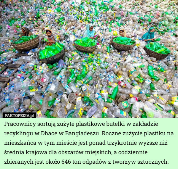 Pracownicy sortują zużyte plastikowe butelki w zakładzie recyklingu w Dhace w Bangladeszu. Roczne zużycie plastiku na mieszkańca w tym mieście jest ponad trzykrotnie wyższe niż średnia krajowa dla obszarów miejskich, a codziennie zbieranych jest około 646 ton odpadów z tworzyw sztucznych. 