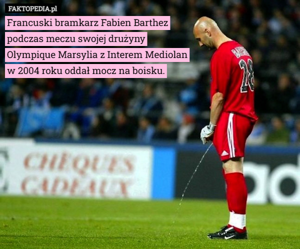 Francuski bramkarz Fabien Barthez
 podczas meczu swojej drużyny
 Olympique Marsylia z Interem Mediolan
 w 2004 roku oddał mocz na boisku. 