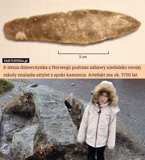 8-letnia dziewczynka z Norwegii podczas zabawy niedaleko swojej szkoły znalazła sztylet z epoki kamienia. Artefakt ma ok. 3700 lat. 