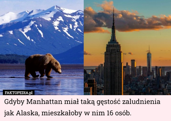 Gdyby Manhattan miał taką gęstość zaludnienia jak Alaska, mieszkałoby w nim 16 osób. 