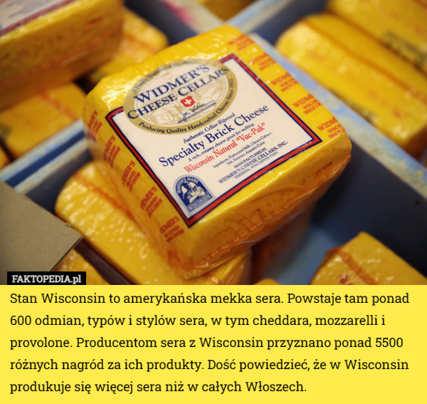 Stan Wisconsin to amerykańska mekka sera. Powstaje tam ponad 600 odmian, typów i stylów sera, w tym cheddara, mozzarelli i provolone. Producentom sera z Wisconsin przyznano ponad 5500 różnych nagród za ich produkty. Dość powiedzieć, że w Wisconsin produkuje się więcej sera niż w całych Włoszech. 