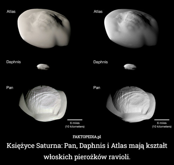 Księżyce Saturna: Pan, Daphnis i Atlas mają kształt włoskich pierożków ravioli. 