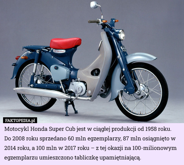Motocykl Honda Super Cub jest w ciągłej produkcji od 1958 roku.
 Do 2008 roku sprzedano 60 mln egzemplarzy, 87 mln osiągnięto w 2014 roku, a 100 mln w 2017 roku – z tej okazji na 100-milionowym egzemplarzu umieszczono tabliczkę upamiętniającą. 