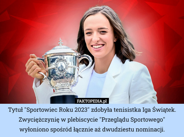 Tytuł "Sportowiec Roku 2023" zdobyła tenisistka Iga Świątek. Zwyciężczynię w plebiscycie "Przeglądu Sportowego" wyłoniono spośród łącznie aż dwudziestu nominacji. 