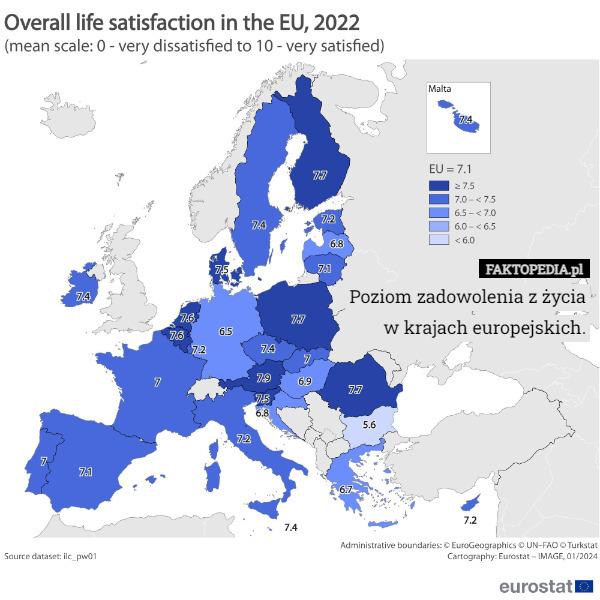 Poziom zadowolenia z życia w krajach europejskich. 