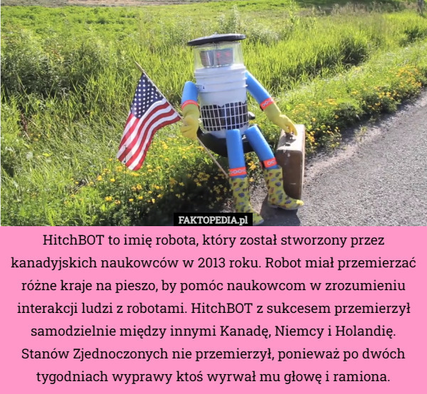 HitchBOT to imię robota, który został stworzony przez kanadyjskich naukowców w 2013 roku. Robot miał przemierzać różne kraje na pieszo, by pomóc naukowcom w zrozumieniu interakcji ludzi z robotami. HitchBOT z sukcesem przemierzył samodzielnie między innymi Kanadę, Niemcy i Holandię. Stanów Zjednoczonych nie przemierzył, ponieważ po dwóch tygodniach wyprawy ktoś wyrwał mu głowę i ramiona. 