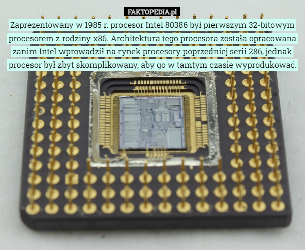 Zaprezentowany w 1985 r. procesor Intel 80386 był pierwszym 32-bitowym procesorem z rodziny x86. Architektura tego procesora została opracowana zanim Intel wprowadził na rynek procesory poprzedniej serii 286, jednak procesor był zbyt skomplikowany, aby go w tamtym czasie wyprodukować. 