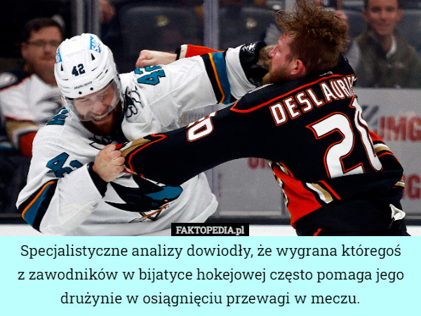 Specjalistyczne analizy dowiodły, że wygrana któregoś
 z zawodników w bijatyce hokejowej często pomaga jego drużynie w osiągnięciu przewagi w meczu. 