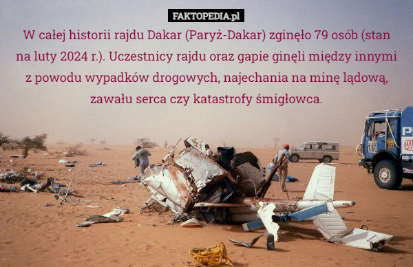 W całej historii rajdu Dakar (Paryż-Dakar) zginęło 79 osób (stan
na luty 2024 r.). Uczestnicy rajdu oraz gapie ginęli między innymi
z powodu wypadków drogowych, najechania na minę lądową, zawału serca czy katastrofy śmigłowca. 