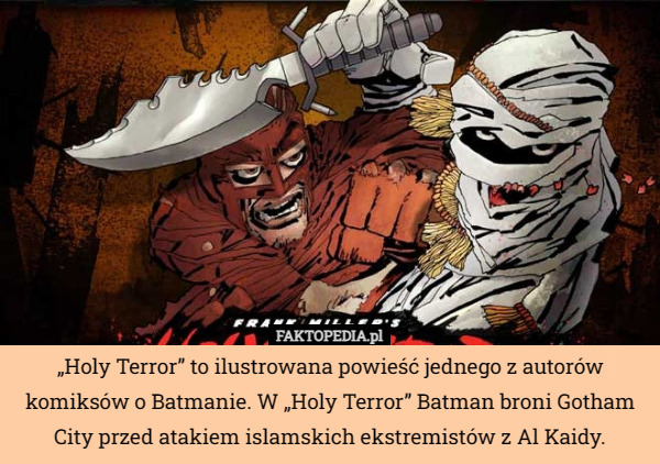 „Holy Terror” to ilustrowana powieść jednego z autorów komiksów o Batmanie. W „Holy Terror” Batman broni Gotham City przed atakiem islamskich ekstremistów z Al Kaidy. 