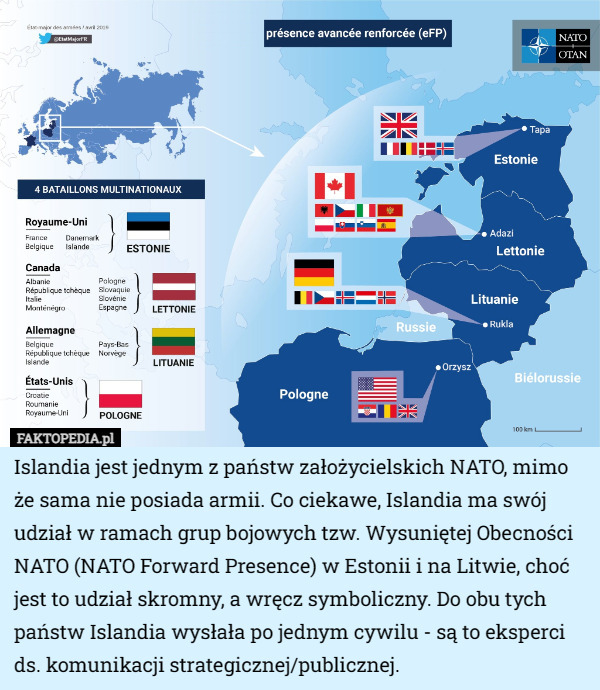 Islandia jest jednym z państw założycielskich NATO, mimo że sama nie posiada armii. Co ciekawe, Islandia ma swój udział w ramach grup bojowych tzw. Wysuniętej Obecności NATO (NATO Forward Presence) w Estonii i na Litwie, choć jest to udział skromny, a wręcz symboliczny. Do obu tych państw Islandia wysłała po jednym cywilu - są to eksperci ds. komunikacji strategicznej/publicznej. 