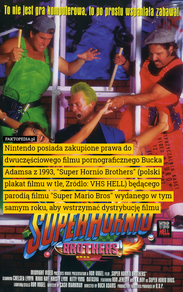 Nintendo posiada zakupione prawa do dwuczęściowego filmu pornograficznego Bucka Adamsa z 1993, "Super Hornio Brothers" (polski plakat filmu w tle, Zródlo: VHS HELL) będącego parodią filmu "Super Mario Bros" wydanego w tym samym roku, aby wstrzymać dystrybucję filmu 