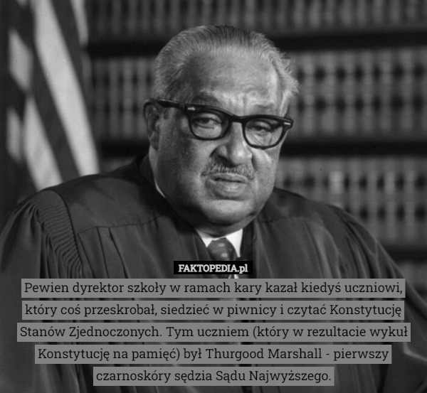 Pewien dyrektor szkoły w ramach kary kazał kiedyś uczniowi, który coś przeskrobał, siedzieć w piwnicy i czytać Konstytucję Stanów Zjednoczonych. Tym uczniem (który w rezultacie wykuł Konstytucję na pamięć) był Thurgood Marshall - pierwszy czarnoskóry sędzia Sądu Najwyższego. 