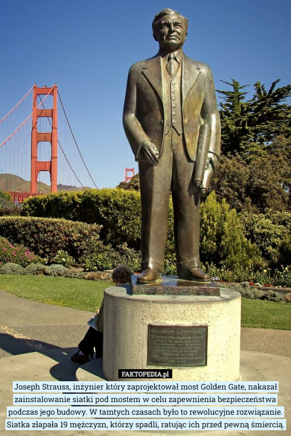 Joseph Strauss, inżynier który zaprojektował most Golden Gate, nakazał zainstalowanie siatki pod mostem w celu zapewnienia bezpieczeństwa podczas jego budowy. W tamtych czasach było to rewolucyjne rozwiązanie. Siatka złapała 19 mężczyzn, którzy spadli, ratując ich przed pewną śmiercią. 