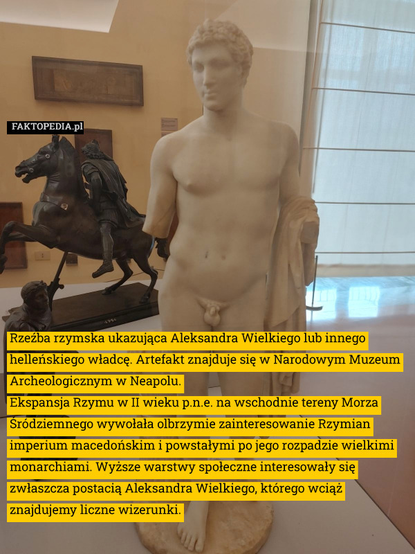 Rzeźba rzymska ukazująca Aleksandra Wielkiego lub innego helleńskiego władcę. Artefakt znajduje się w Narodowym Muzeum Archeologicznym w Neapolu.
Ekspansja Rzymu w II wieku p.n.e. na wschodnie tereny Morza Śródziemnego wywołała olbrzymie zainteresowanie Rzymian imperium macedońskim i powstałymi po jego rozpadzie wielkimi monarchiami. Wyższe warstwy społeczne interesowały się zwłaszcza postacią Aleksandra Wielkiego, którego wciąż znajdujemy liczne wizerunki. 