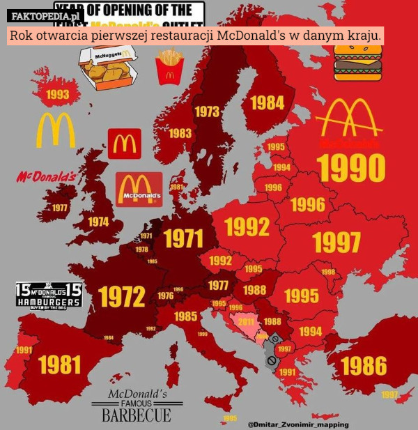 Rok otwarcia pierwszej restauracji McDonald's w danym kraju. 