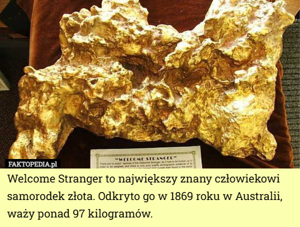 Welcome Stranger to największy znany człowiekowi samorodek złota. Odkryto go w 1869 roku w Australii, waży ponad 97 kilogramów. 