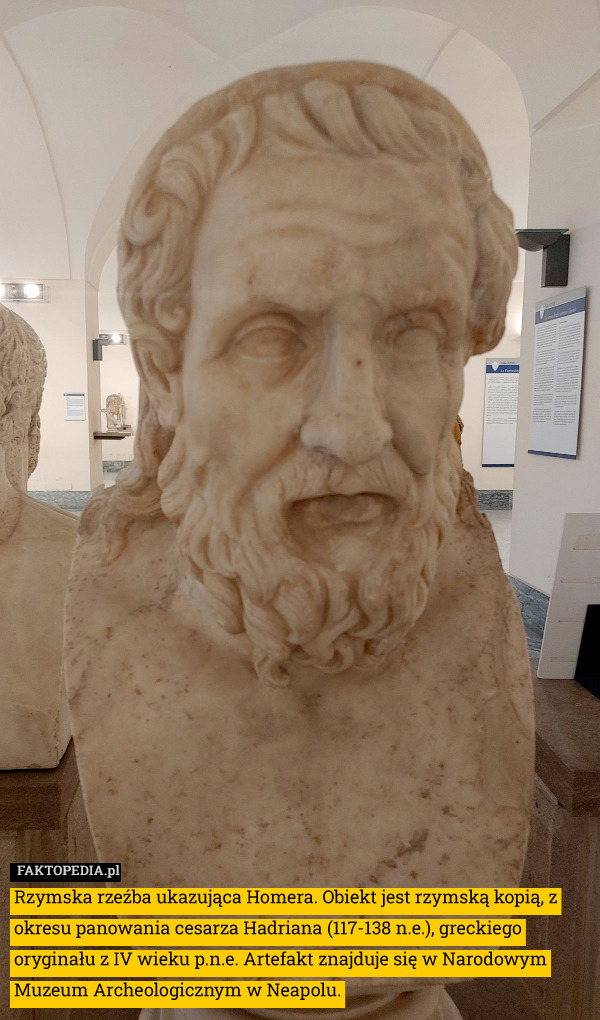Rzymska rzeźba ukazująca Homera. Obiekt jest rzymską kopią, z okresu panowania cesarza Hadriana (117-138 n.e.), greckiego oryginału z IV wieku p.n.e. Artefakt znajduje się w Narodowym Muzeum Archeologicznym w Neapolu. 