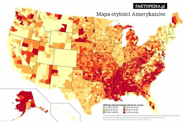 Mapa otyłości Amerykanów. 