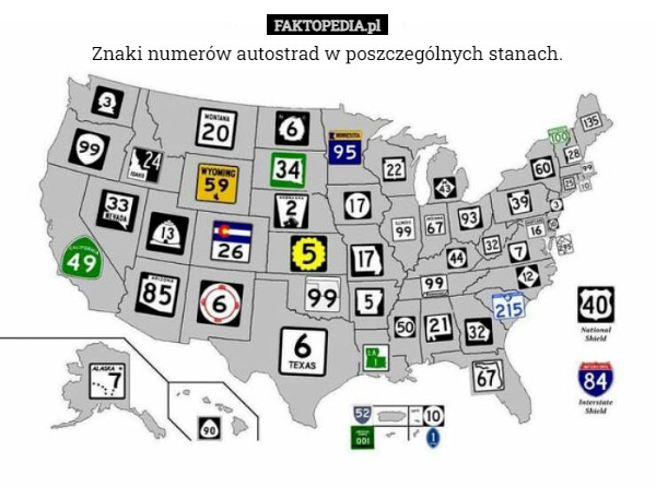 Znaki numerów autostrad w poszczególnych stanach. 