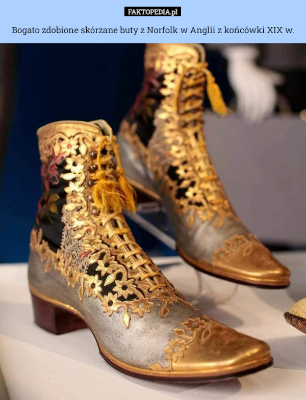 Bogato zdobione skórzane buty z Norfolk w Anglii z końcówki XIX w. 