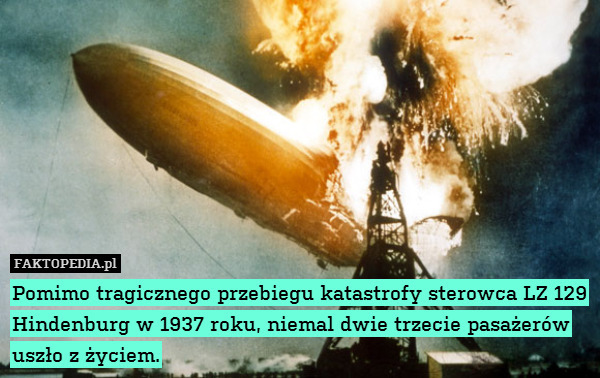 Pomimo tragicznego przebiegu katastrofy sterowca LZ 129 Hindenburg w 1937 roku, niemal dwie trzecie pasażerów uszło z życiem. 