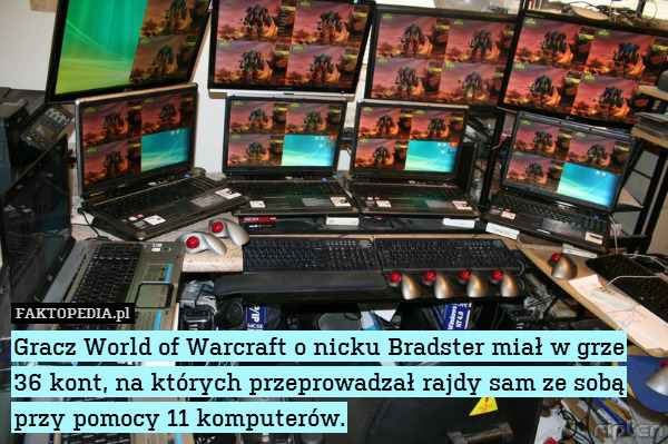 Gracz World of Warcraft o nicku Bradster miał w grze 36 kont, na których przeprowadzał rajdy sam ze sobą przy pomocy 11 komputerów. 