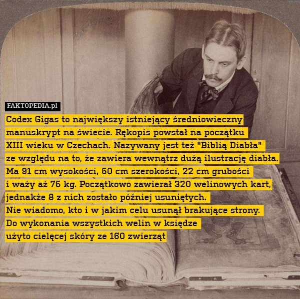 Codex Gigas to największy istniejący średniowieczny manuskrypt na świecie. Rękopis powstał na początku 
XIII wieku w Czechach. Nazywany jest też "Biblią Diabła" 
ze względu na to, że zawiera wewnątrz dużą ilustrację diabła. Ma 91 cm wysokości, 50 cm szerokości, 22 cm grubości 
i waży aż 75 kg. Początkowo zawierał 320 welinowych kart, jednakże 8 z nich zostało później usuniętych. 
Nie wiadomo, kto i w jakim celu usunął brakujące strony. 
Do wykonania wszystkich welin w księdze 
użyto cielęcej skóry ze 160 zwierząt 