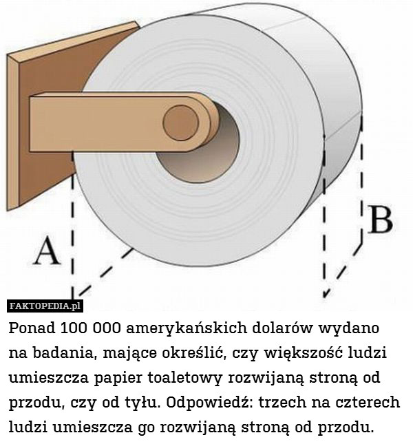Ponad 100 000 amerykańskich dolarów wydano
na badania, mające określić, czy większość ludzi umieszcza papier toaletowy rozwijaną stroną od przodu, czy od tyłu. Odpowiedź: trzech na czterech ludzi umieszcza go rozwijaną stroną od przodu. 