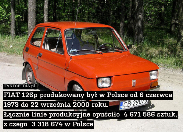 FIAT 126p produkowany był w Polsce od 6 czerwca 1973 do 22 września 2000 roku.
Łącznie linie produkcyjne opuściło  4 671 586 sztuk, z czego  3 318 674 w Polsce 