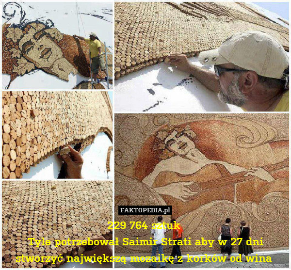 229 764 sztuk 
Tyle potrzebował Saimir Strati aby w 27 dni stworzyć największą mozaikę z korków od wina 