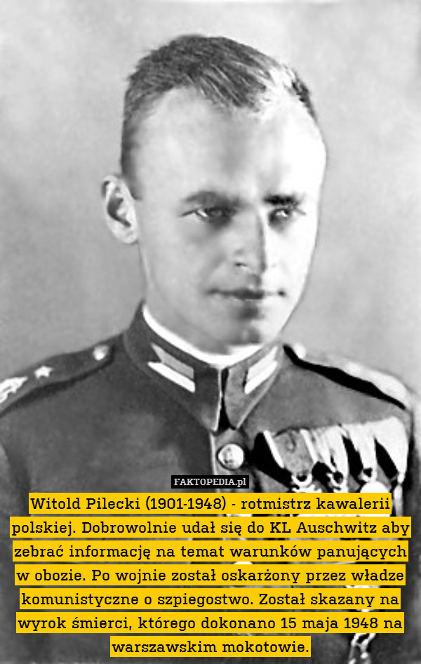 Witold Pilecki (1901-1948) - rotmistrz kawalerii polskiej. Dobrowolnie udał się do KL Auschwitz aby zebrać informację na temat warunków panujących w obozie. Po wojnie został oskarżony przez władze komunistyczne o szpiegostwo. Został skazany na wyrok śmierci, którego dokonano 15 maja 1948 na warszawskim mokotowie. 