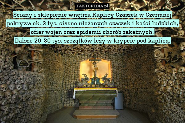 Ściany i sklepienie wnętrza Kaplicy Czaszek w Czermnej pokrywa ok. 3 tys. ciasno ułożonych czaszek i kości ludzkich, ofiar wojen oraz epidemii chorób zakaźnych.
Dalsze 20–30 tys. szczątków leży w krypcie pod kaplicą. 