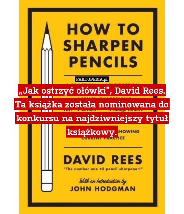 „Jak ostrzyć ołówki”, David Rees.
Ta książka została nominowana do konkursu na najdziwniejszy tytuł książkowy. 
