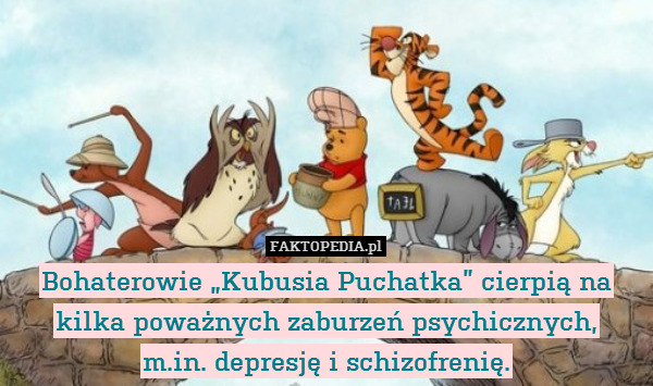 Bohaterowie „Kubusia Puchatka” cierpią na kilka poważnych zaburzeń psychicznych,
m.in. depresję i schizofrenię. 