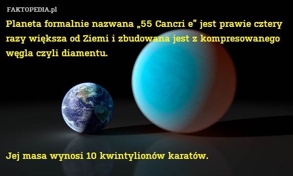 Planeta formalnie nazwana „55 Cancri e” jest prawie cztery razy większa od Ziemi i zbudowana jest z kompresowanego węgla czyli diamentu.






Jej masa wynosi 10 kwintylionów karatów. 