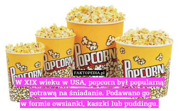 W XIX wieku w USA, popcorn był popularną potrawą na śniadanie. Podawano go
w formie owsianki, kaszki lub puddingu. 