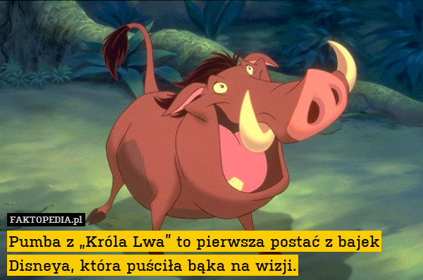 Pumba z „Króla Lwa” to pierwsza postać z bajek Disneya, która puściła bąka na wizji. 