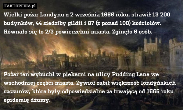 Wielki pożar Londynu z 2 września 1666 roku, strawił 13 200 budynków, 44 siedziby gildii i 87 (z ponad 100) kościołów. Równało się to 2/3 powierzchni miasta. Zginęło 6 osób.




Pożar ten wybuchł w piekarni na ulicy Pudding Lane we wschodniej części miasta. Żywioł zabił większość londyńskich szczurów, które były odpowiedzialne za trwającą od 1665 roku epidemię dżumy. 