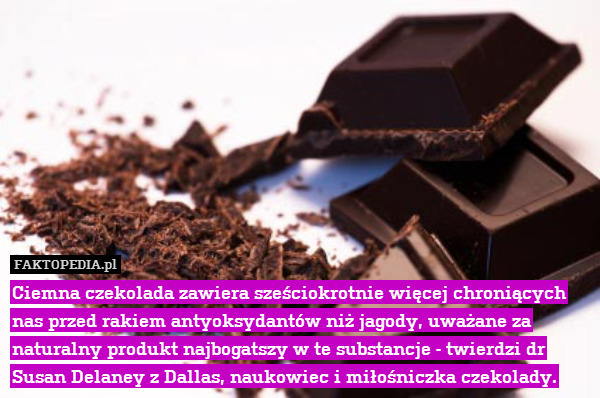 Ciemna czekolada zawiera sześciokrotnie więcej chroniących nas przed rakiem antyoksydantów niż jagody, uważane za naturalny produkt najbogatszy w te substancje - twierdzi dr Susan Delaney z Dallas, naukowiec i miłośniczka czekolady. 